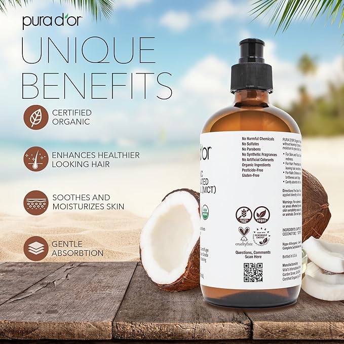 PURA D'OR 16.9 Oz ORGANIC Fractionated Coconut Oil MCT Oil (GLASS BOTTLE) 100% Pure & Natural USDA Certified Cold Pressed - Unscented, Hexane Free Moisturizer For Face, Skin & Hair Tonic - Men & Women-VivaGrace Women