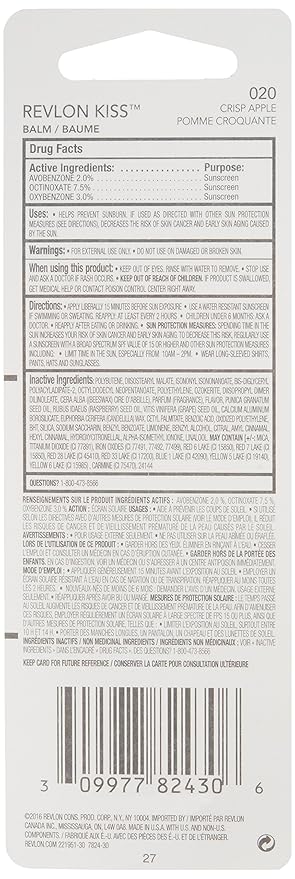 Revlon Lip Balm, Kiss Tinted Lip Balm, Face Makeup With Lasting Hydration, SPF 20, Infused With Natural Fruit Oils, 030 Crisp Apple, 0.09 Oz-VivaGrace Women