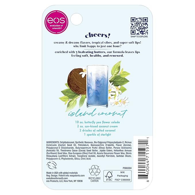 eos Sunset Sips Lip Butter Tube- Island Coconut, 24-Hour Moisture, Overnight Lip Mask, Lip Care Products, 0.35 fl oz (Pack of 2)-VivaGrace Women
