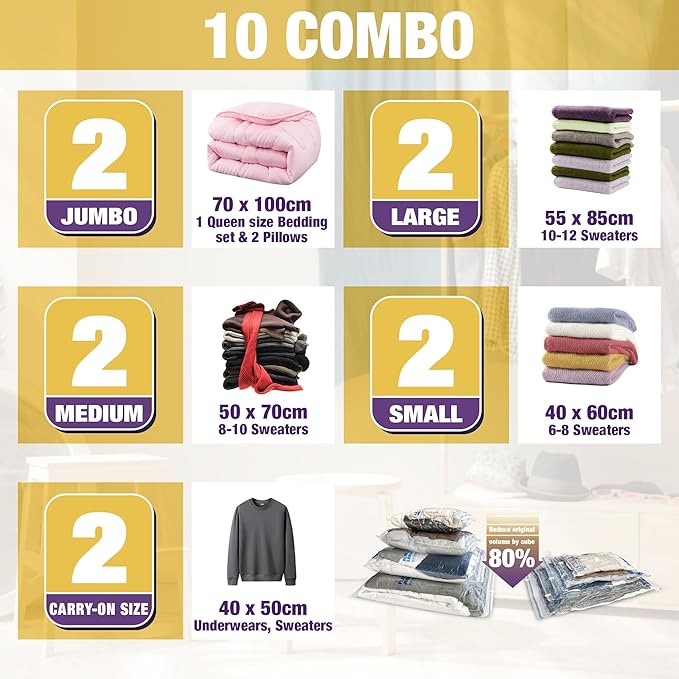 HIBAG Vacuum Storage Bags, 10-Pack Vacuum Seal Bags for Clothing Clothes, Space Saver Bags (2 Jumbo, 2 Large, 2 Medium, 2 Small, 2 Roll-up) with Pump (10-Combo)-VivaGrace Women