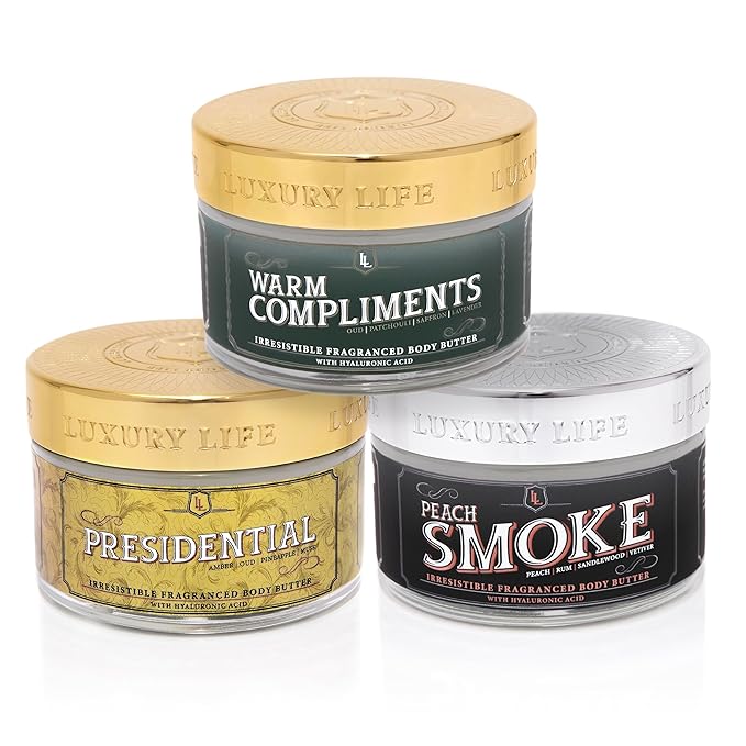 LUXURY LIFE BUTTER - Irresistibly Scented Body Butter with Hyaluronic Acid for Ultimate Moisture. Hydrates for a Non-Greasy Glamorous Glow (Presidential, Peach Smoke, Warm Compliments 5 oz)-VivaGrace Women