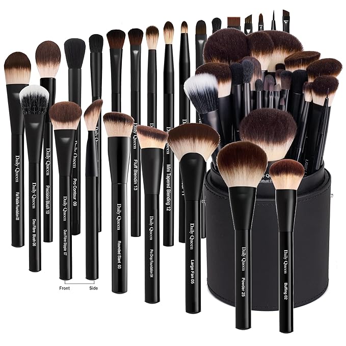 25 pcs Makeup Brush Set Holder Black Professional Kabuki Powder Concealers Eye shadows Blush Eyeliner Eyebrow Contour Eye blending Brushes (25pcs brush with holder)-VivaGrace Women