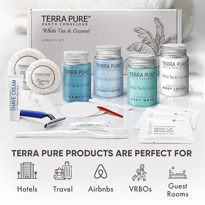 Terra Pure White Tea & Coconut Amenity & Accessory Kit |1 oz Travel Size Shampoo, Conditioner, Lotion, Body Wash, 2 Cleansing Bars, Shave & Dental Sets, Make-Up Remover Wipes, & Vanity Kit | 1 Box-VivaGrace Women