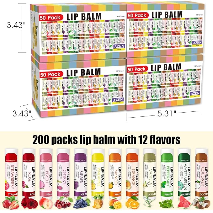 AZEN 200 Pack Lip Balm, Natural Lip Balm Bulk, Lip Care Product, Moisturizing Lip Balm for dry cracked lips - 12 Flavors-VivaGrace Women