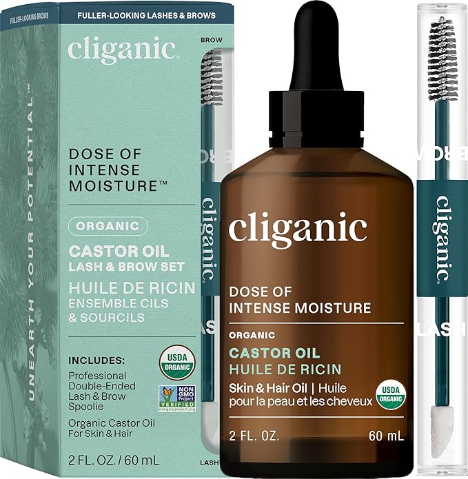 Cliganic Organic Castor Oil, 100% Pure (2oz Glass Bottle with Eyelash Kit) - For Eyelashes, Eyebrows, Hair & Skin (Packaging May Vary)-VivaGrace Women