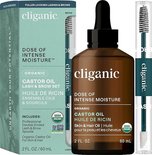 Cliganic Organic Castor Oil, 100% Pure (2oz Glass Bottle with Eyelash Kit) - For Eyelashes, Eyebrows, Hair & Skin (Packaging May Vary)-VivaGrace Women