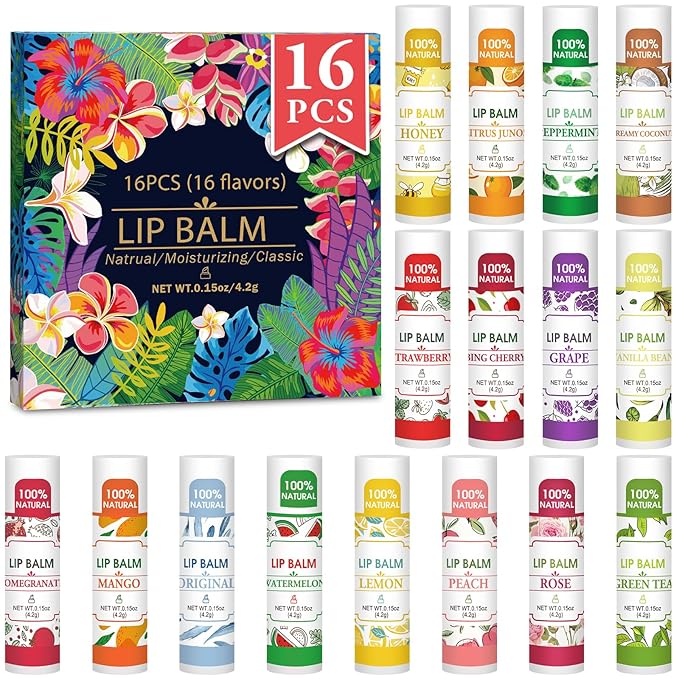 16 Pack Lip Balm, 100% Natural Lip Balm Bulk with Vitamin E and Coconut Oil, Moisturizing Lip Balm for Dry Lips - 16 Flavors-VivaGrace Women