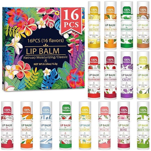 16 Pack Lip Balm, 100% Natural Lip Balm Bulk with Vitamin E and Coconut Oil, Moisturizing Lip Balm for Dry Lips - 16 Flavors-VivaGrace Women