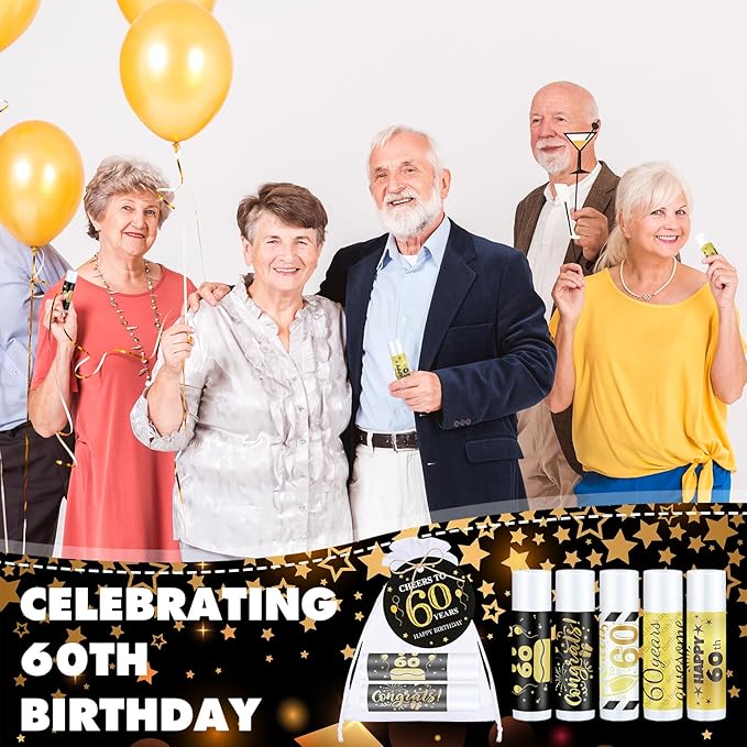 50 Sets 60th Birthday Favors Lip Balm Gifts Bulk Moisturizing Lip Balm with 50 Organza Drawstring Gift Bag 50 Tags 60th Birthday Party Supplies Gifts Bulk for Men and Woman-VivaGrace Women