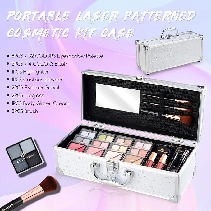 Color Nymph Beginners Makeup Kit With Train Case For Teenagers Girls, Full Starter Cosmetics Set Included 32 Colors Eyeshadow, Glitter Cream, Blush, Highlighter, Lip Gloss and Brush (White)-VivaGrace Women