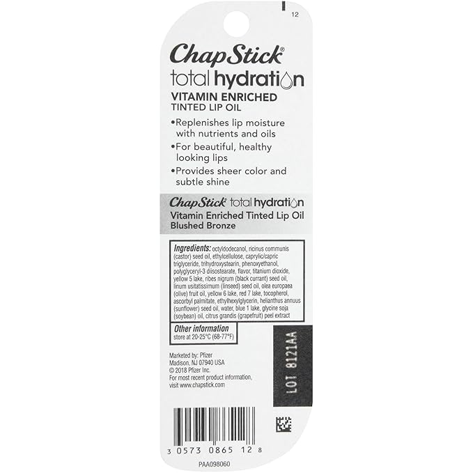 ChapStick Total Hydration Vitamin Enriched Blushed Bronze Tinted Lip Oil Tube, Lip Care - 0.24 Oz-VivaGrace Women