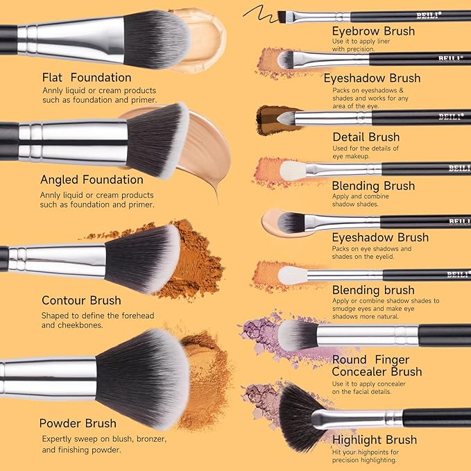 BEILI Makeup Brushes 12pcs Makeup Brushes Set with Holder Premium Synthetic Kabuki Foundation Brush Blending Blush Concealer Full Face Makeup Brushes Kit With Gift Box(Black)-VivaGrace Women