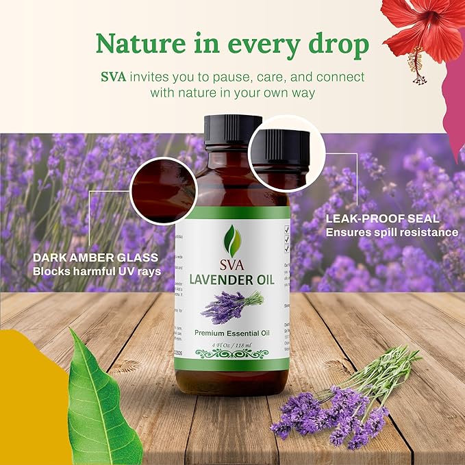 SVA Lavender Essential Oil – 4 Fl Oz – 100% Natural Lavender Oil - for Diffuser, Hair Care, Face, Skin Care, Aromatherapy, Scalp and Body Massage, Soap and Candle Making – with Dropper-VivaGrace Women