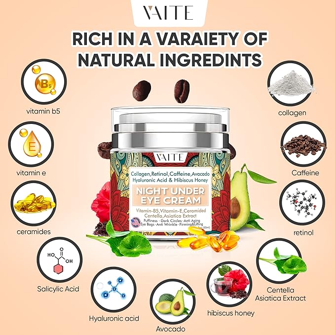 Under Eye Cream with Collagen, Retinol, Caffeine, Avacado Hyaluronic Acid & Hibiscus Honey for Night and Day with Vitamin B5, E for Puffiness Circles Anti Aging Eye Bags and Anti Wrinkle-VivaGrace Women