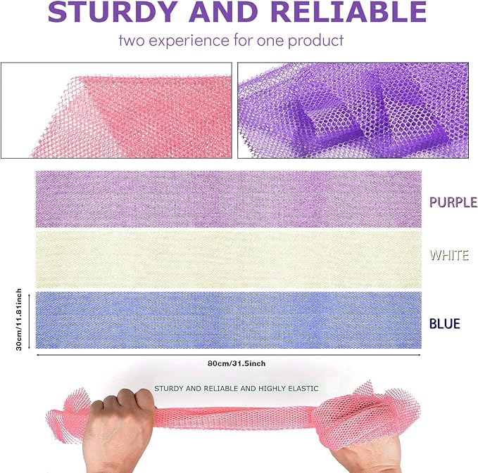 UJFQBH 3 Pieces African Bath Sponge African Net Long Net Bath Sponge Exfoliating Shower Body Scrubber Back Scrubber Skin Smoother,Great for Daily Use (Purple,Blue,Off-White)-VivaGrace Women
