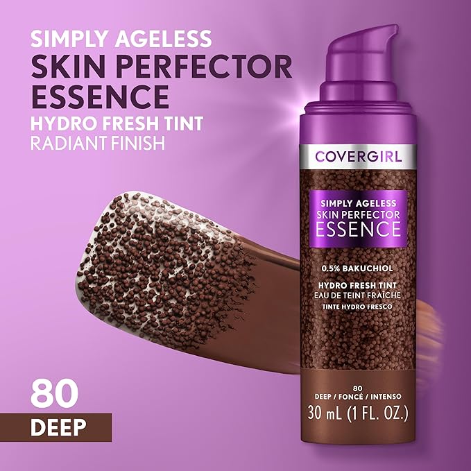 Covergirl Simply Ageless Skin Perfector Essence Foundation, 80 Deep, Tinted Skin Perfector, Skincare Makeup Hybrid, Sheer Tint, Radiant Finish, Skin-Like Finish, Vegan Formula, 1.0oz-VivaGrace Women