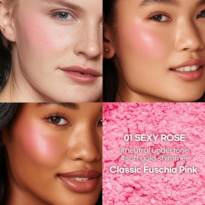 Hope Girl 3D Powder Blusher 0.17oz | Skin-Loving Korean Mini Blush for Cheeks and Eye Makeup w/Allantoin | K Beauty Cool Toned Vibrant Sunkissed Fine Powder Makeup Blush Cosmetics (#01 Sexy Rose)-VivaGrace Women