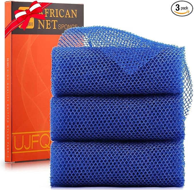 UJFQBH 3 Pieces African Bath Sponge African Net Long Net Bath Sponge Exfoliating Shower Body Scrubber Back Scrubber Skin Smoother,Great for Daily Use (Blue)-VivaGrace Women