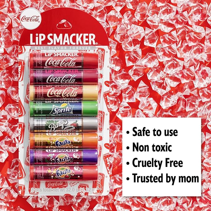 Lip Smacker Coca-Cola Flavored Balm, 8 Count, Flavors Coke, Cherry Vanilla Sprite, Root Beer, Orange Fanta, Grape Strawberry Fanta-VivaGrace Women