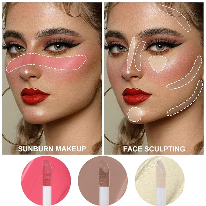 3Pcs Liquid Contour Makeup Trio with Bronzer Shade, Blush, Highlighter for Sculpted Makeup, Matte Finish Liquid Contour Set Easy to Create a Lightweight Look, Longwear Waterproof Formula (4, 7, 12)-VivaGrace Women