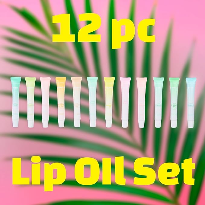 Expressions 12pc Lip Oil Set - Flavored Lip Oils Value Pack, Hydrating Lip Oils w/Squeeze Tube Application, Moisturizing Lip Oil Collection for Everyday Lip Care and Lip Repair (FRUITS)-VivaGrace Women