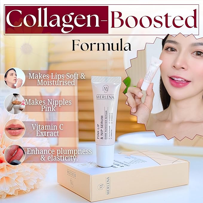 Merlena Pink Lip & Nip Serum - Hydrates and Repairs Dry, Peeling Lips and Nipples, Adds Collagen for Plumpness, Soothes Flaky Skin, Organic Vitamin C & E Formula 8ml-VivaGrace Women