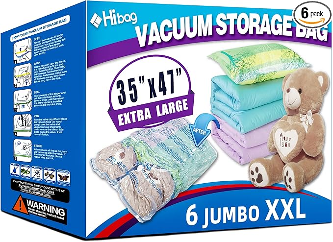 XXL Jumbo 47''X35'' Vacuum Storage Space Saver Bags Extra Large for Blanket, Bedding, Comforters and Huge Stuffed Toy (6 Pack)-VivaGrace Women