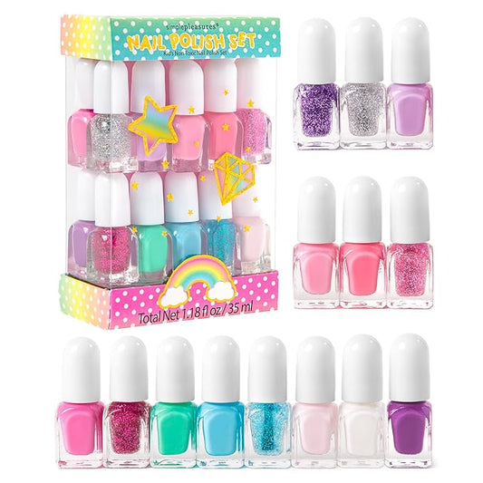SIMPLE PLEASURES 14- Unicorn Glitter Kids Nail Polish Set for Girls – 14 Water-Based Non -Toxic Nail Art Kit - Gift Set for Girls Ages 7-12