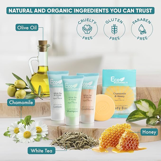 Eco Botanics Hotel Soaps and Toiletries Bulk Set | 1-Shoppe All-In-Kit Amenities for Hotels & Airbnb | 0.85 oz Hotel Shampoo, Conditioner & Lotion, 0.89 oz Bar Soap Travel Size | 200 Pieces-VivaGrace Women