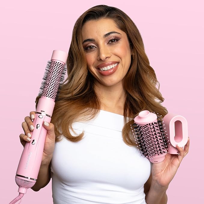 FoxyBae 3-in-1 Ceramic Interchangeable Hair Tools - Blowout Dryer - 3 Detachable Heads - 2.4" Blowout Brush, 1.5" Hot Round Brush & Drying Cylinder Hair Dryer Brush & Hair Styling Set [Party Pink]-VivaGrace Women