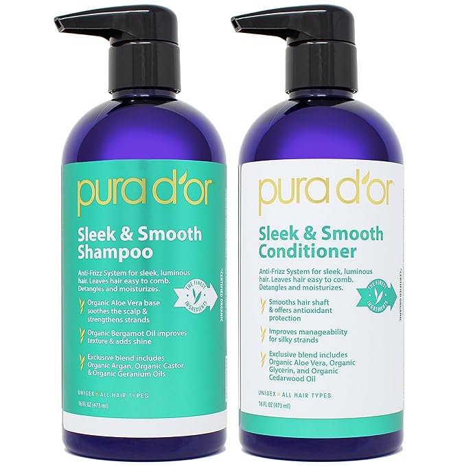 PURA D'OR Sleek & Smooth Shampoo and Conditioner Set For Frizz-Free & Silky Smooth Hair, Infused with Organic Aloe Vera, Argan Oil, Castor Oil, Bergamot Oil & Geranium Oil-VivaGrace Women