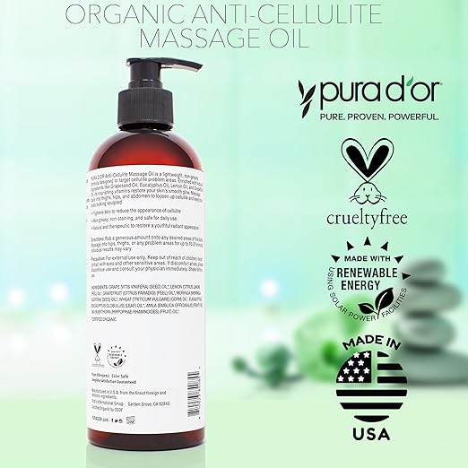 PURA D'OR 16 Oz Organic Anti-Cellulite Massage Oil - Lemon Peel, Moringa, Grape Seed, Grapefruit & Eucalyptus Oils - Skin Firming & Tightening for Active Individuals & Aging Adults-VivaGrace Women