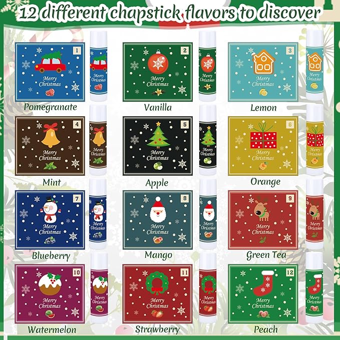 48 Pcs Christmas 12 Days Holiday Lip Balm Gift Set Lip Care Assorted Flavors Ingredients Lip Balm for Dry Chapped Lip Women Men Children Coworker 12 Assorted Flavors Christmas Party-VivaGrace Women