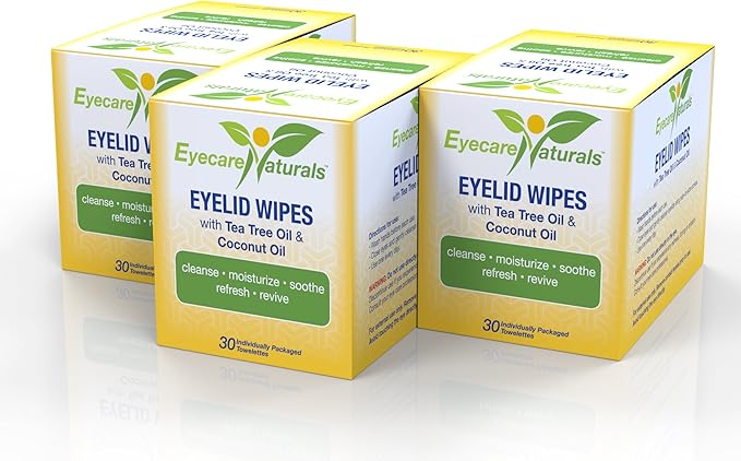 Tea Tree Oil Eyelid Wipes with Coconut Oil - Dry Eye Wipes No Rinse, Natural Essential Oil Cleansing Eye Wipes - Daily Eyelid Makeup Remover - Box of 30 Individually Wrapped Wipes