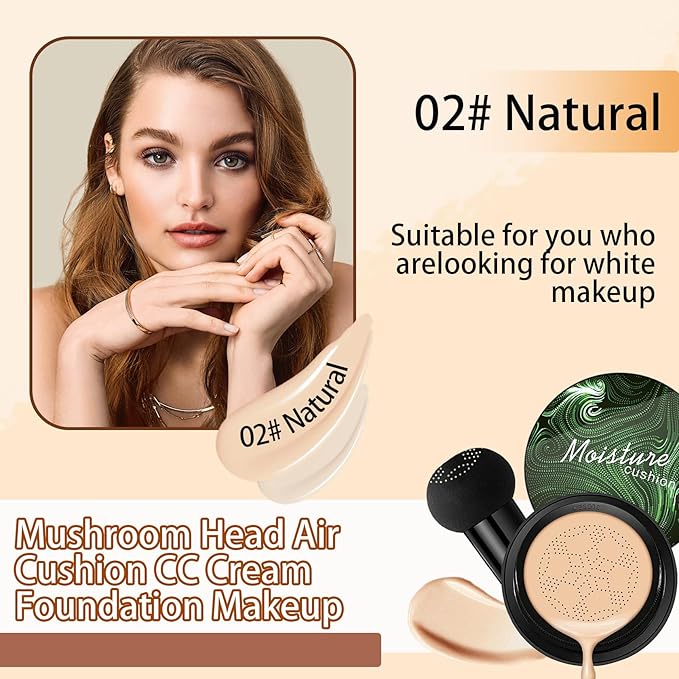 Mushroom Head Air Cushion CC Cream Foundation Makeup,Moisturizing Non-Greasy BB Cream Foundation,Long Lasting Matte Concealer Full Coverage Face Makeup Liquid Foundation for All Skin Types(Natural)-VivaGrace Women