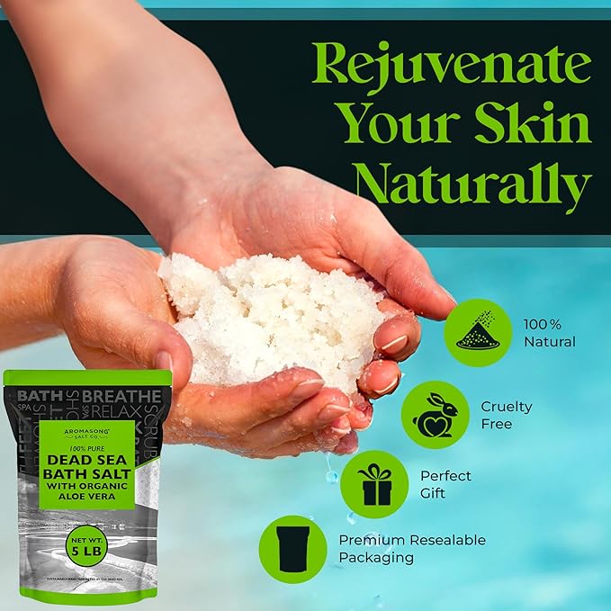 Aromasong Dead Sea Salt with Organic Aloe Vera, Spa Bath Salts, 5 Lbs Fine Bulk resealable Pack, 100% Pure & Natural, Soak for Women & Men for Tired Muscles & Skin Issues (Packaging May Vary)-VivaGrace Women