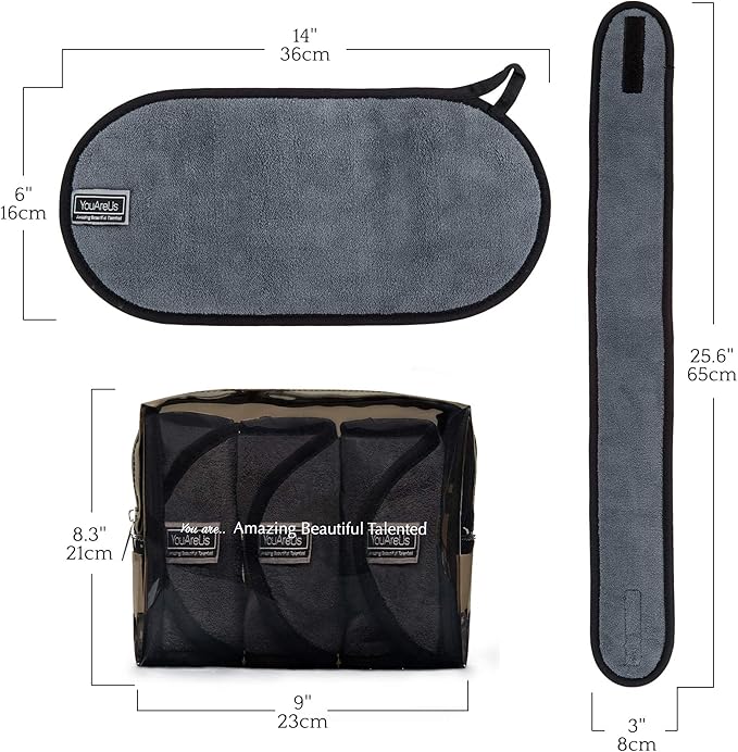 Makeup Remover Cloth Towel Set, 𝟯 𝗣𝗮𝗰𝗸 𝗮𝗹𝘀𝗼 𝗶𝗻𝗰𝗹𝘂𝗱𝗲𝘀 𝗦𝗽𝗮 𝗛𝗲𝗮𝗱𝗯𝗮𝗻𝗱 𝗮𝗻𝗱 𝗖𝗼𝘀𝗺𝗲𝘁𝗶𝗰 𝗕𝗮𝗴, by YouAreUs. Microfiber Cloth, Leaving Skin Feeling Cleaner!
