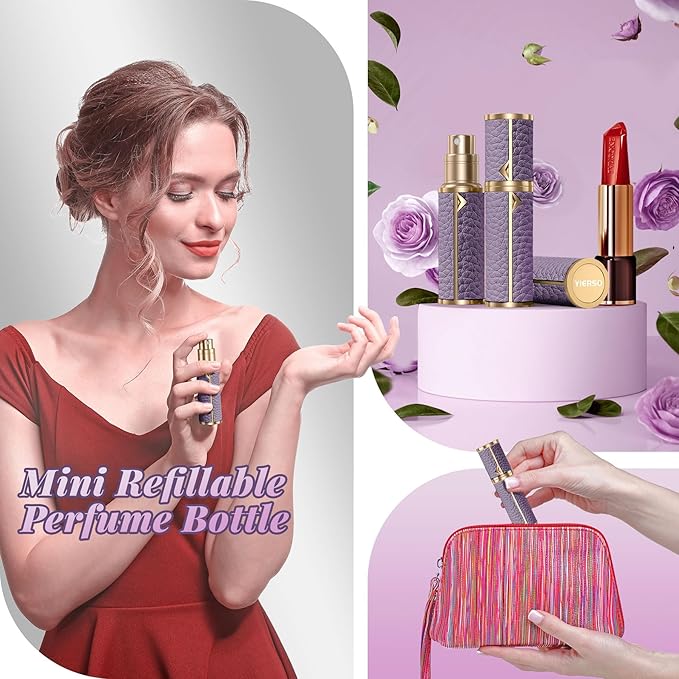 Perfume Travel Refillable Bottle,Genuine Leather Bottom-Filling Fragrances Perfume Atomizer,Mini Cologne Dispenser,Portable Sprayer Pocket Size for Cruise Car Trip Purse Gift 5ml (Purple)-VivaGrace Women