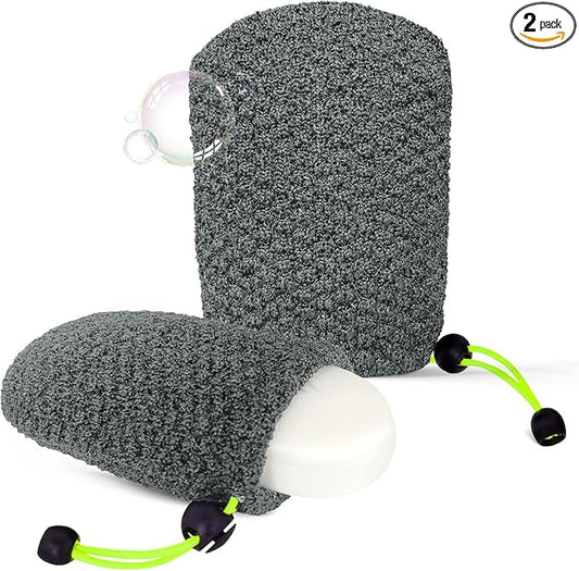 MIG4U Exfoliating Soap Bag for Shower 2 Pieces - Bar Soap Saver Pouch, Bamboo Body Scrubber Exfoliator Pocket in Travel Bathing, Grey