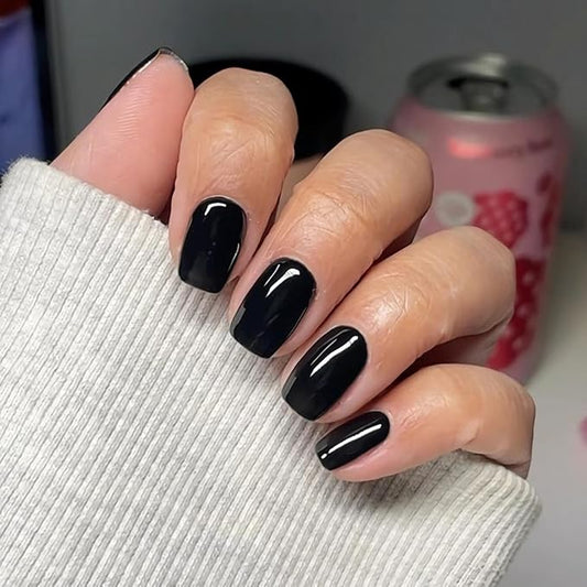 Press On Nails Squoval - Black Fake Nails Short Full Cover Acrylic Glue on Nails in 12 Sizes - 24 Piece Pure Color Nail Kit，Natural Fit for Women & Girls Daily Wear