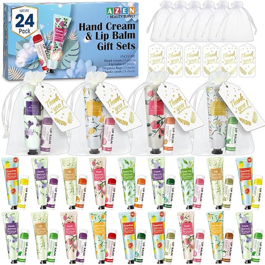 AZEN 24 Sets Hand Cream Bulk and Lip Balm Bulk Set, Bridal Shower Gifts for Guests, Thank You Gifts for Coworkers Women Men with Organza Bag Thank You Card, Bridal Wedding Favors for Guests-VivaGrace Women