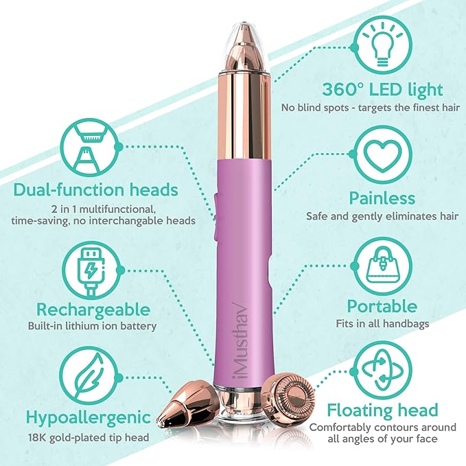2 in 1 Eyebrow and Facial Hair Remover for Women Painless Flawless Electric Razor Epilator Trimmer Shaver with 18K Gold-Plated, USB Rechargeable, 360° LED for Eyebrow and Face Hair Removal-VivaGrace Women