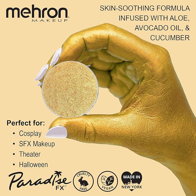 Mehron Makeup Paradise Makeup AQ Refill Size | Stage & Screen, Face & Body Painting, Beauty, Cosplay, Halloween | Water Activated Face Paint, Body Paint, Cosplay Makeup .25 oz (7 ml) (Metallic Gold)-VivaGrace Women
