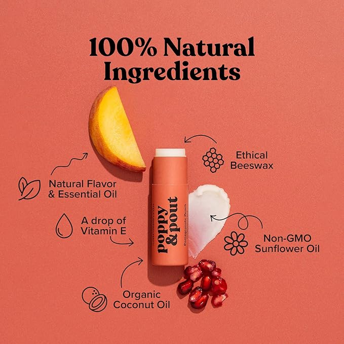 Poppy & Pout Pomegranate Peach Jumbo Lip Balm | All Natural Lip Balms & Moisturizers | Hydrates with Beeswax, Vitamin E, Organic Coconut Oil | Cruelty-Free | Lip Balm in Recyclable Cardboard Tube-VivaGrace Women