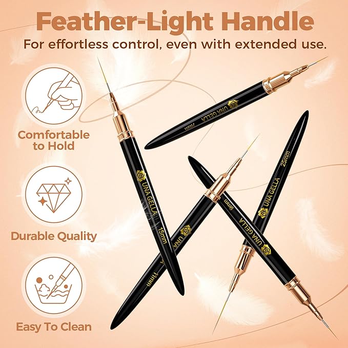 UNA GELLA Metallic Nail Art Brushes, Liner Pens Set 5Pcs Black Color For Nail Art Gel Polish - Thin Detail Nail Art Design Painting Brush Set For Nails Gel Fine Drawing Nail Tools Sizes 7/9/11/15/25mm-VivaGrace Women