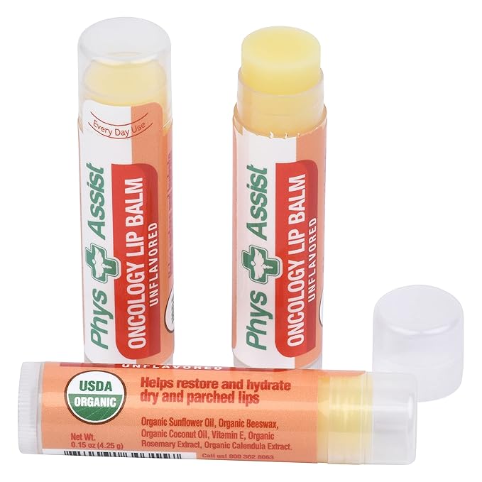 PhysAssist Oncology Lip Balm USDA Organic Unflavored Moisturize, Hydrate & Protect Dry parched lips during Chemo or Radio USDA Organic. 3 Pack-VivaGrace Women