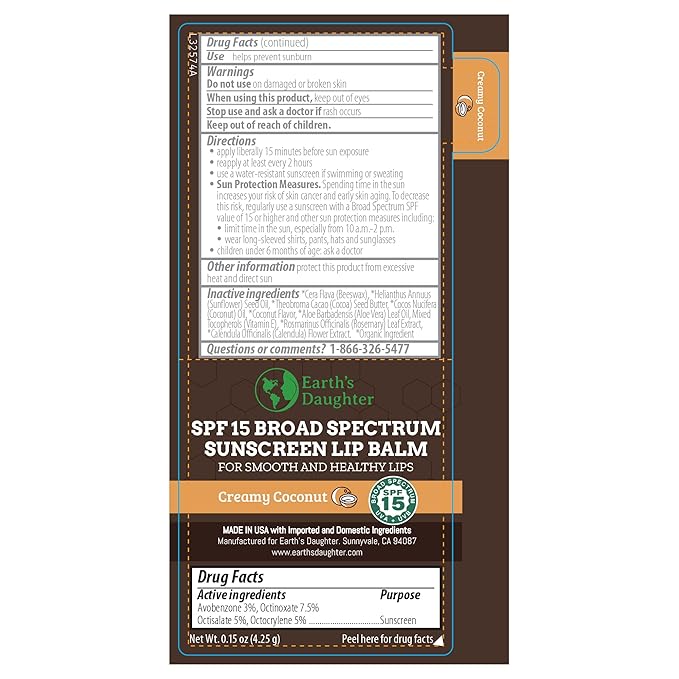 SPF Lip Balm 4-Pack by Earth's Daughter - Lip Sunscreen, SPF 15, Organic Ingredients, Coconut Flavor, Beeswax, Coconut Oil, Vitamin E - Hypoallergenic, Paraben Free, Gluten Free, New-VivaGrace Women