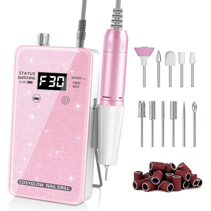 Professional Electric Nail Drill File:COSYGLOW Glitter Portable Cordless E-File Nail Drill Kit with 11 Drill Bits,30000 RPM Rechargeable Nail Drills Machine for Acrylic Nails Gel Polishing (Pink)-VivaGrace Women