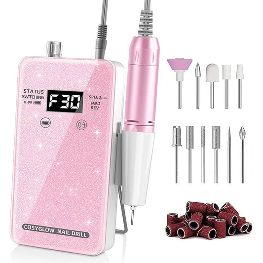 Professional Electric Nail Drill File:COSYGLOW Glitter Portable Cordless E-File Nail Drill Kit with 11 Drill Bits,30000 RPM Rechargeable Nail Drills Machine for Acrylic Nails Gel Polishing (Pink)-VivaGrace Women