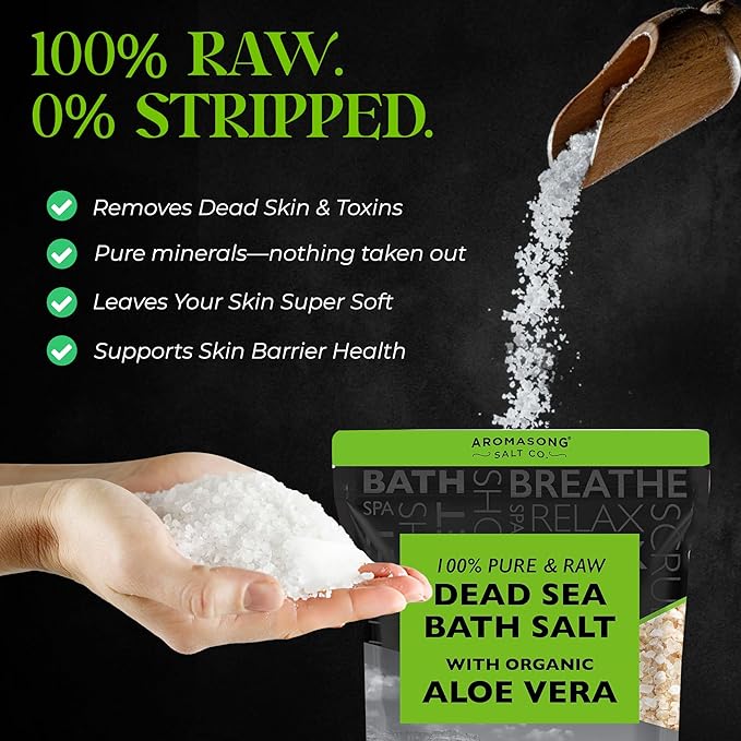 Aromasong 5 lbs Raw Dead Sea Salt with Organic Aloe Vera, not Cleaned, Still Contains All Dead sea Minerals Including Dead sea Mud, Fine Medium Grain Large resealable Bulk Pack (Packaging May Vary)-VivaGrace Women